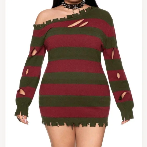 NWT Striped Off-Shoulder Freddy Krueger Inspired Striped Sweater Dress 🖤 - Picture 1 of 9